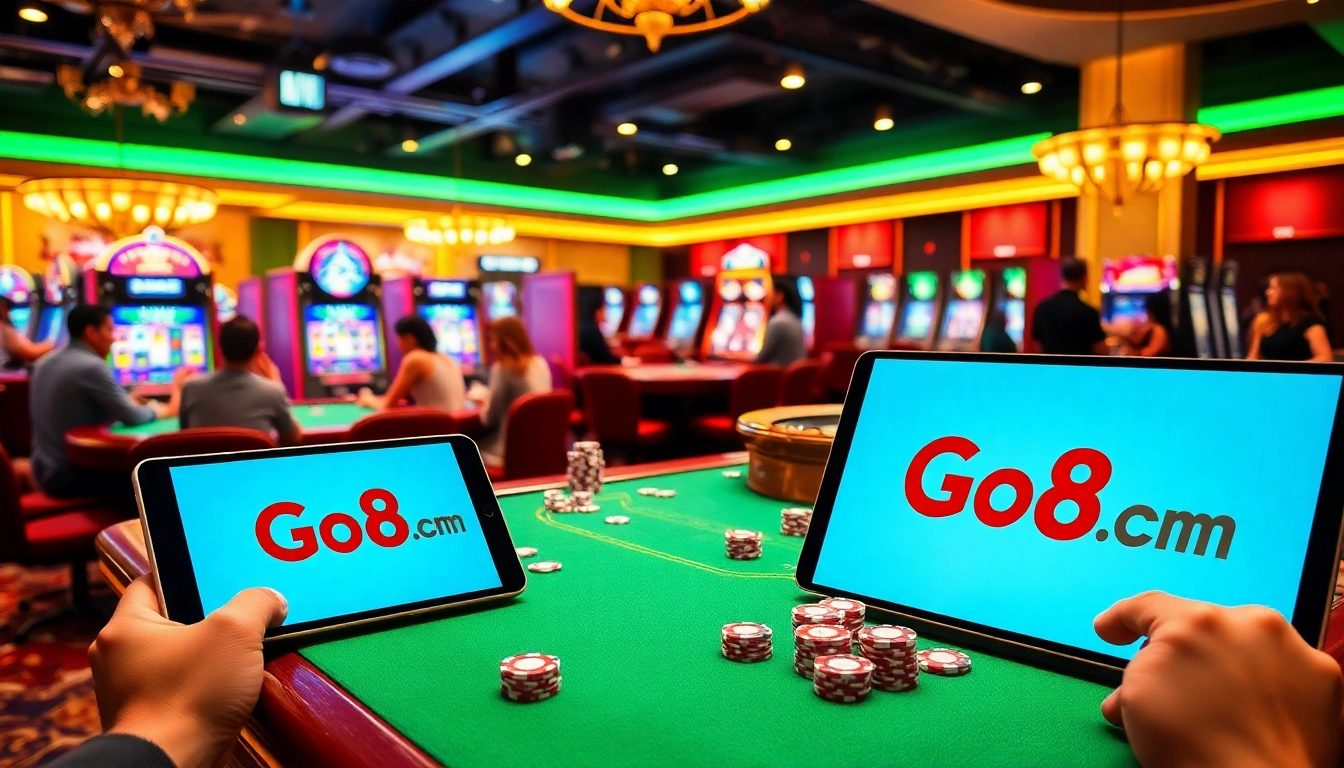 Experience the thrill of online gambling at Go8 com with lively players at casino tables and vibrant slot machines.