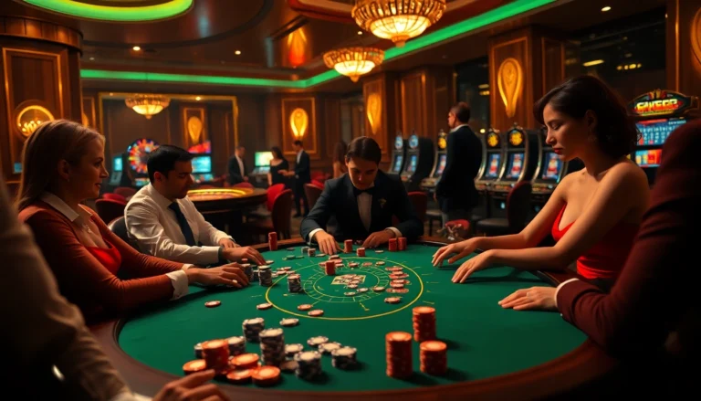 Engage in thrill-seeking poker at new88.com, with players and chips at a luxurious table.