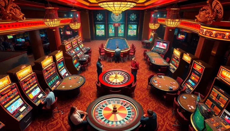 LC88 casino scene depicting players at vibrant slot machines and poker tables, showcasing the excitement of gambling.